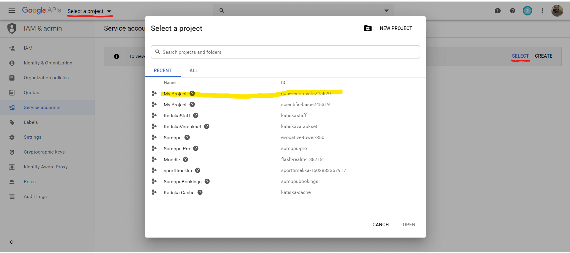 Valitaan juuri äsken luotu projekti