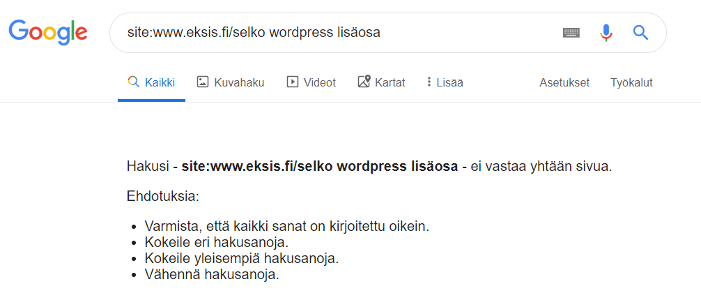 Ilman API:a Google ei ollut indeksoinut sivua vuorokaudessa.