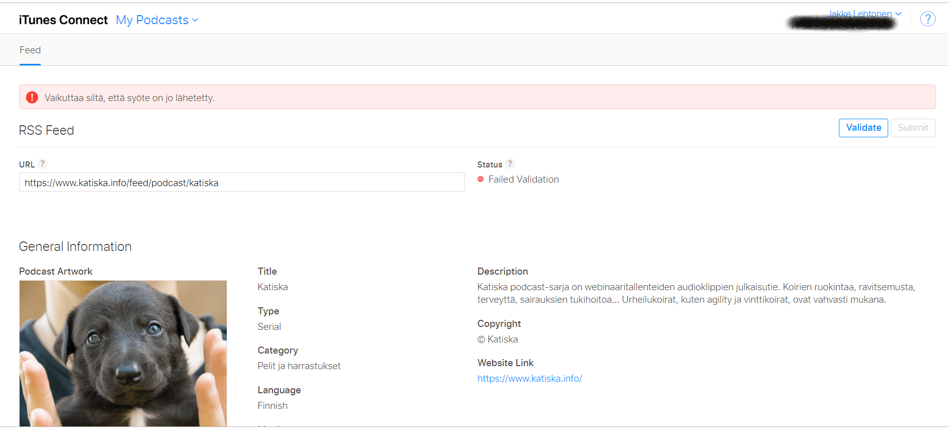 iTunesin podcasin syötteen hyväksyminen