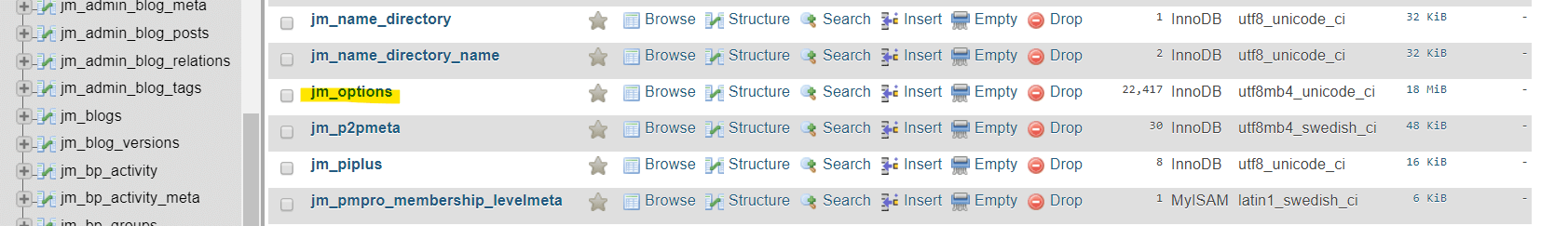 Kuva options taulusta tietokannassa