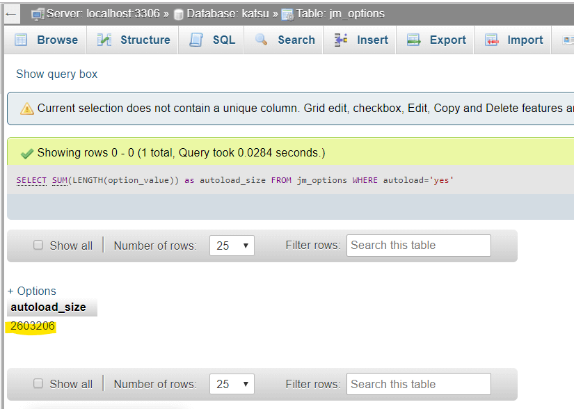 phpMyAdmin kertoo autoloadin kooksi 2,6 megabittiä