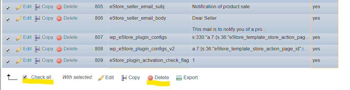 phpMyadminissa poistetaan kerralla kaikki samanlaiset osumat