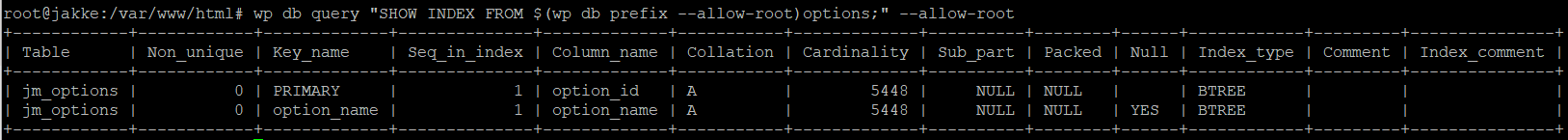 wp db -komento näyttää onko autoload indeksoitu MySQL:ään