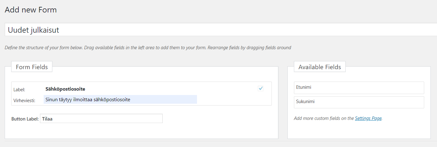 Mailster: Uuden lomakkeen tiedot