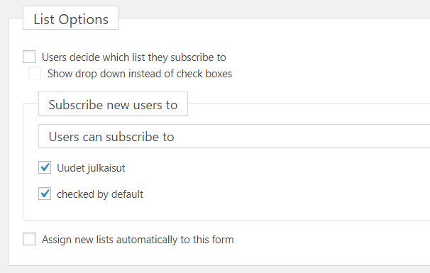 Mailster: Lomakkeen asetus liitettäville listoille