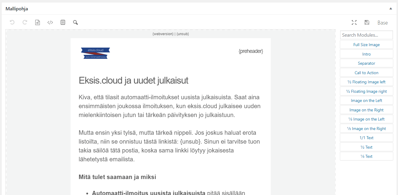 Esimerkki Mailsterin sähköpostin mallipohjasta